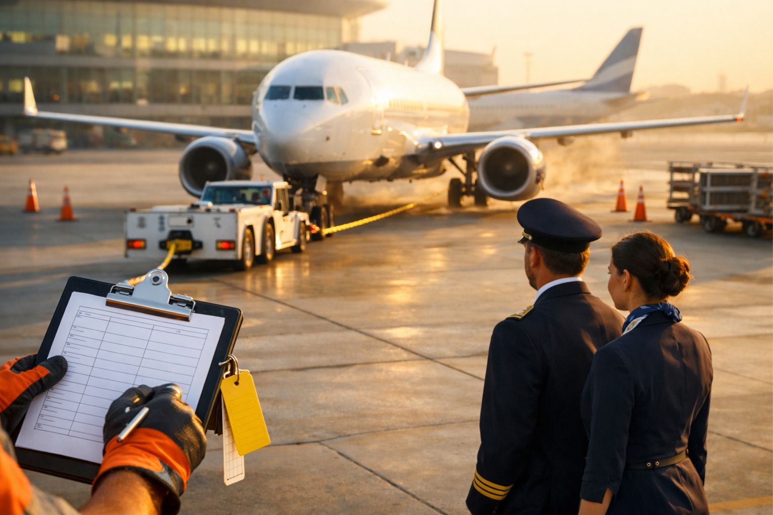 Pilotos observam aviões no aeroporto ao amanhecer, enquanto um operador verifica uma prancheta ao lado da pista.