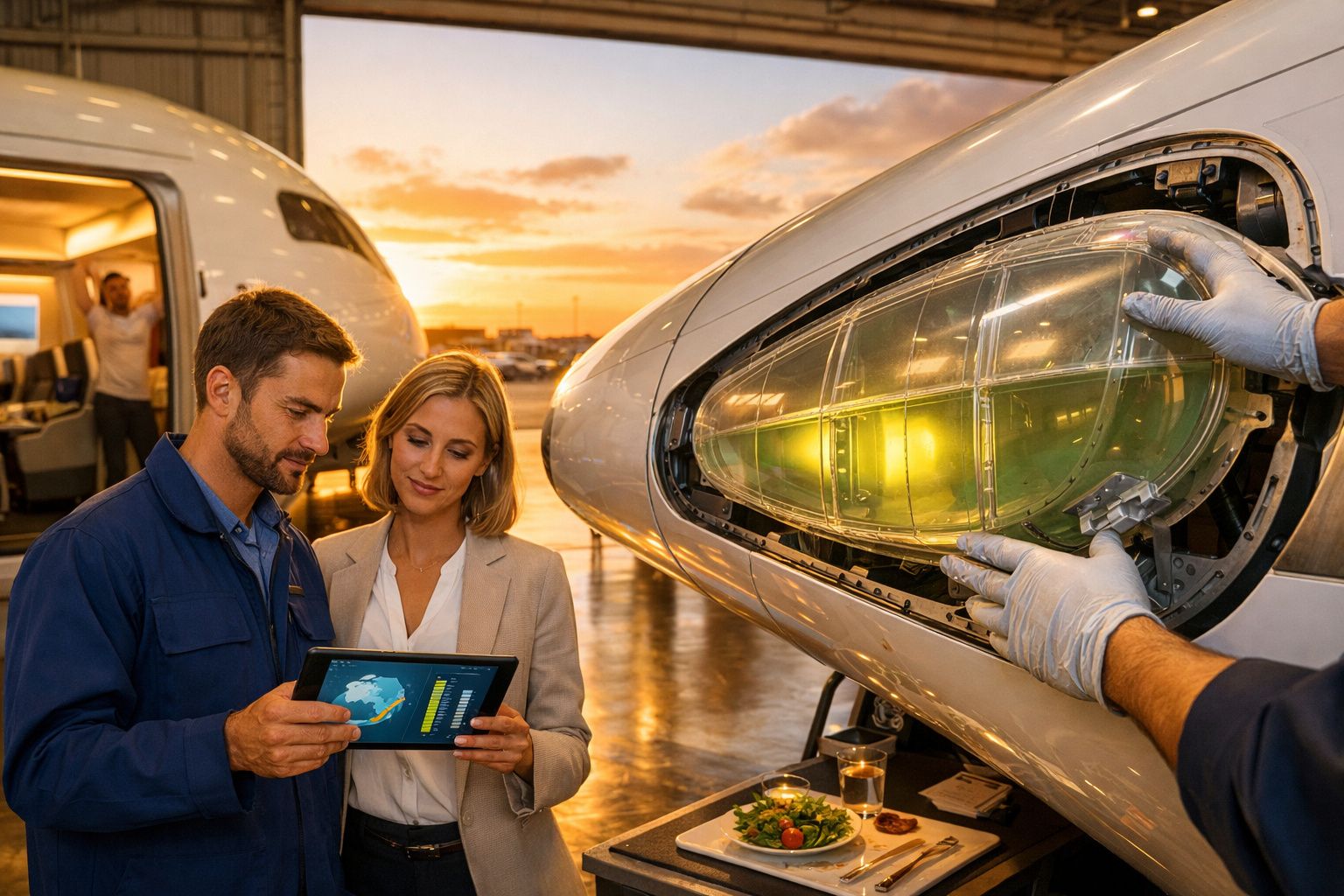 Duas pessoas analisam dados num tablet ao lado de uma turbina de avião aberta num hangar ao pôr do sol.