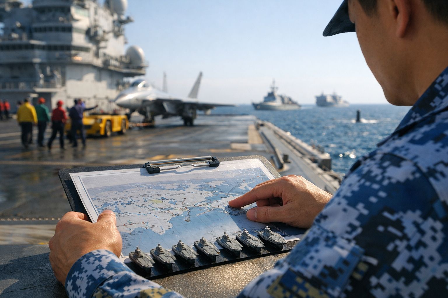 Oficial naval analisa mapa numa base militar marítima com porta-aviões e aviões ao fundo.