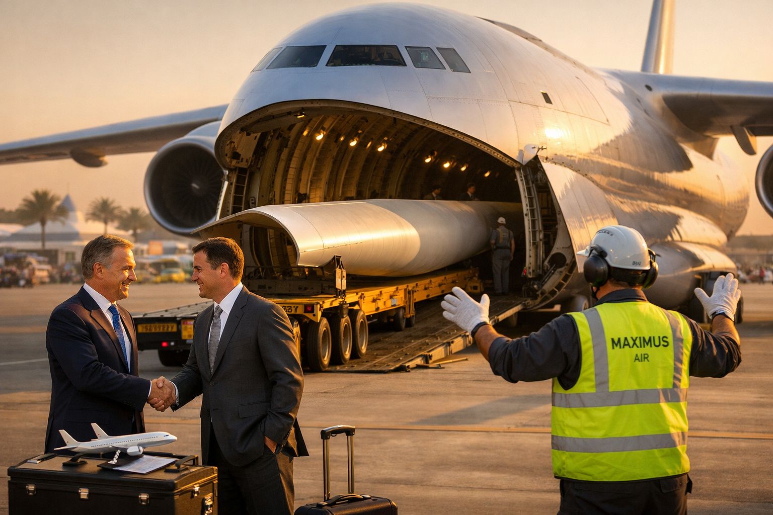 Grande avião de carga, com a porta traseira aberta, é carregado. Dois homens apertam as mãos à frente.