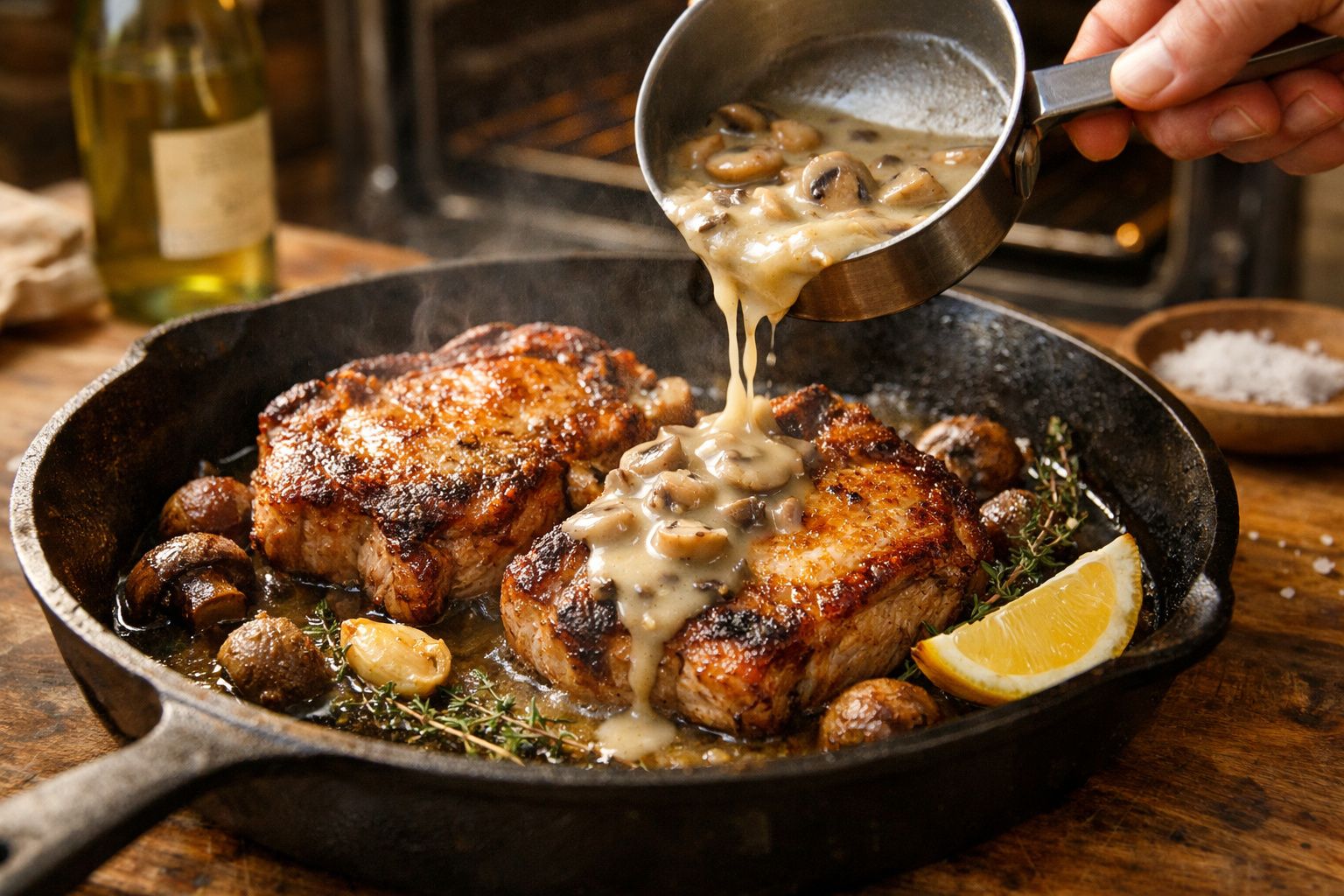 Bifes suculentos na frigideira com molho de cogumelos, decorados com ervas e limão.