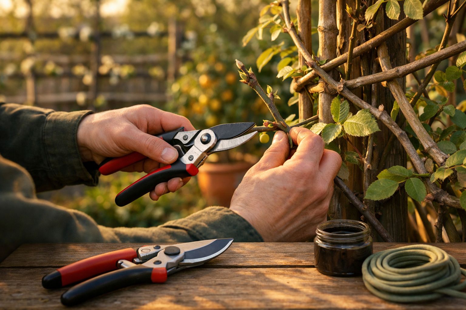 Mãos podando um galho com tesoura de poda, mesa com cordel e tesoura extra ao lado.
