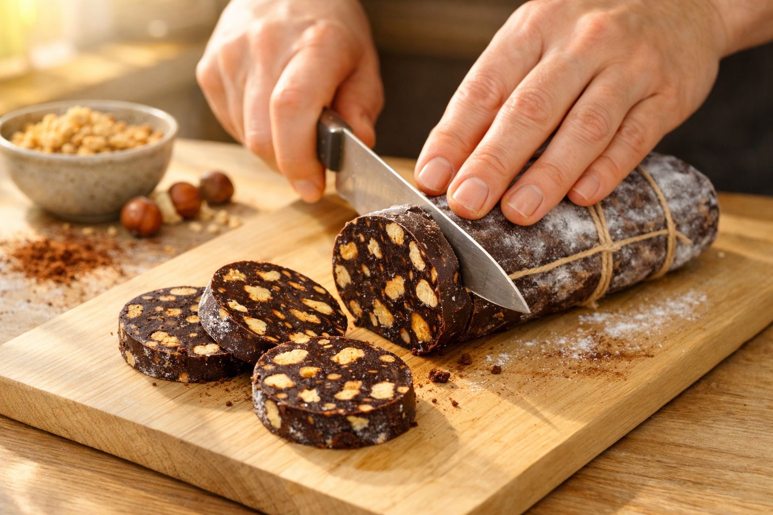 Pessoa corta salame de chocolate em tábua de madeira, fatias destacadas com padronagem de biscoito na mesa.