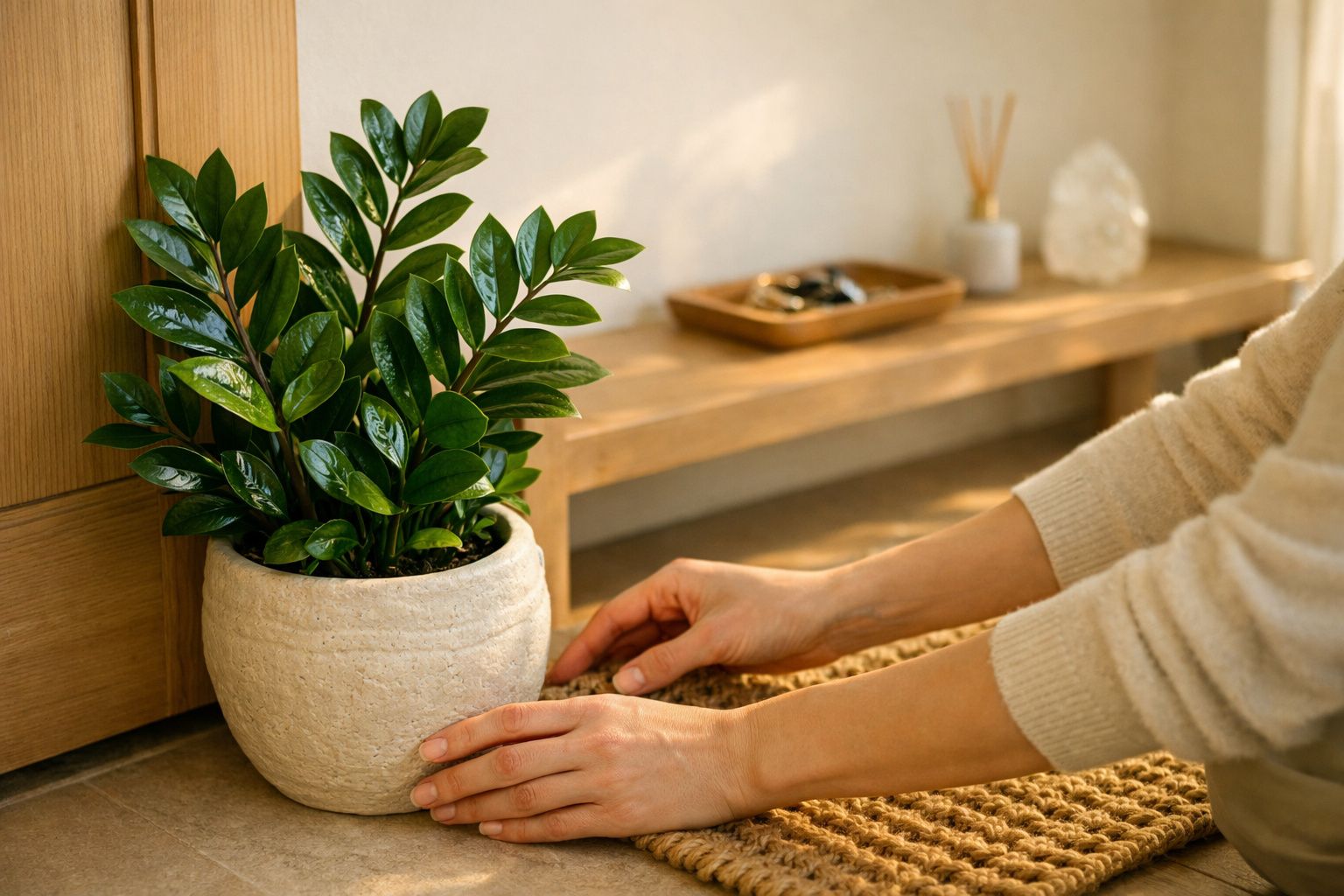 Mãos colocando vaso verde com planta numa mesa de madeira ao lado de uma bandeja com chaves e um sino decorativo.