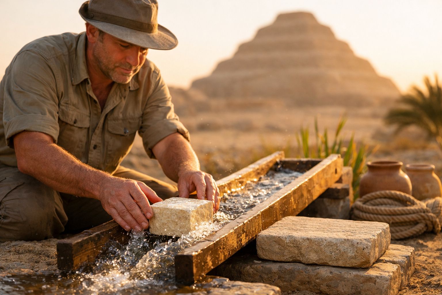 Homem de chapéu lava bloco de pedra em calha com água, pirâmide desfocada ao fundo.