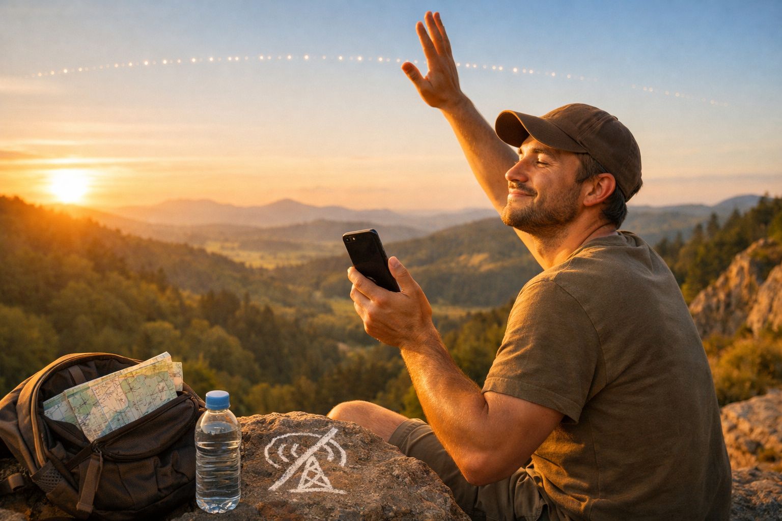Homem sorridente aponta para o céu, segurando um smartphone, perto de carro e praia ao pôr do sol.