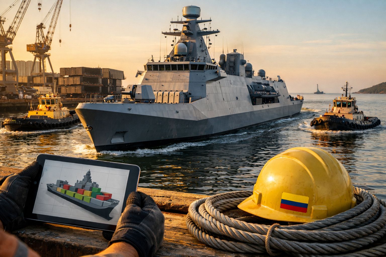 Navio de guerra escoltado por rebocadores no porto, capacete amarelo e tablet com imagem de navio de carga em primeiro plano.
