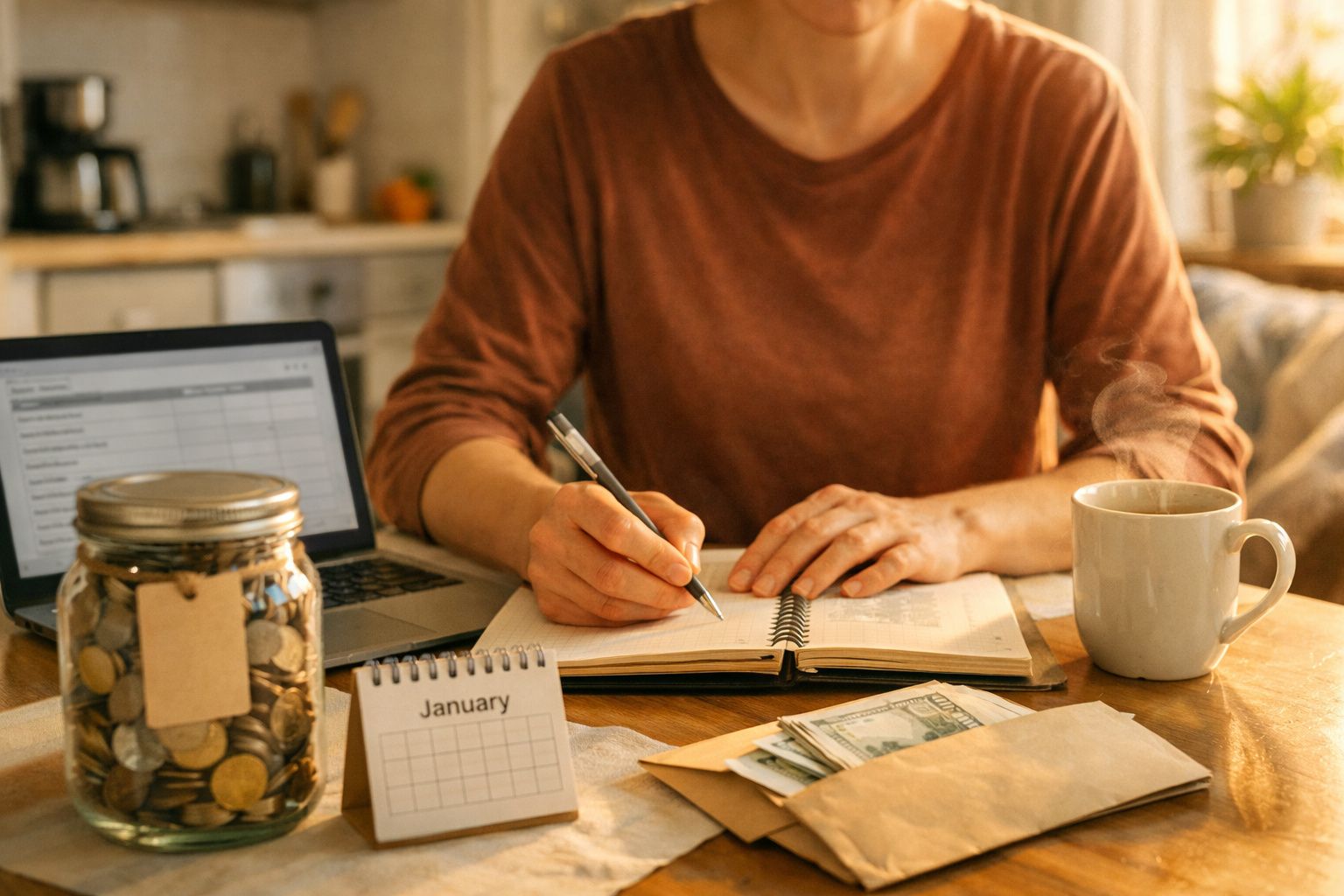Pessoa escreve num bloco de notas numa mesa com computador, jarro de moedas, calendário e chávena de café.