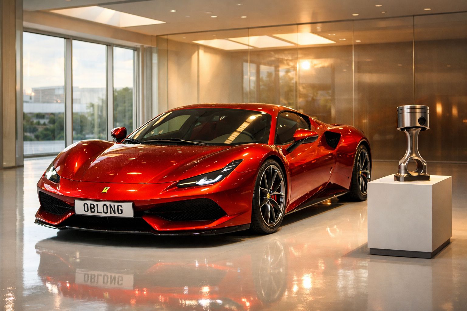 Carro desportivo vermelho em exposição, refletindo iluminação interior brilhante, ao lado de um troféu prateado.
