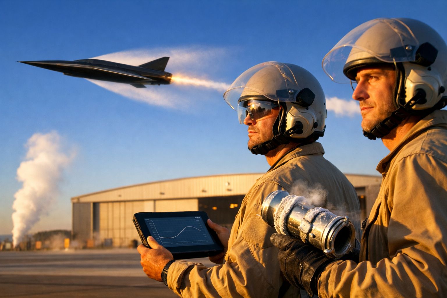 Dois homens com capacetes observam um jato supersónico a descolar, um segura um tablet com gráficos.