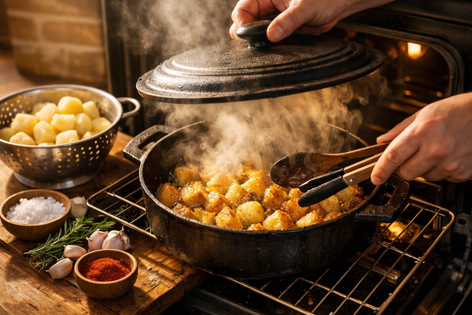 Batatas assadas no forno numa panela de ferro fundido, temperadas com ervas, alho e páprica ao lado.