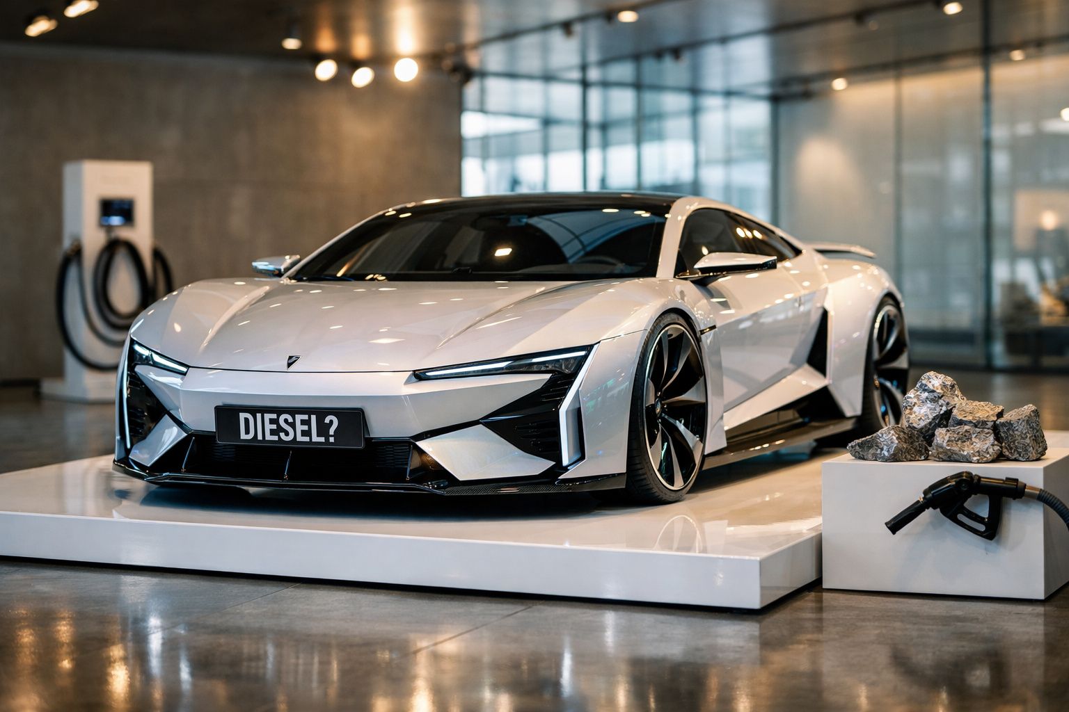 Carro desportivo preto junto a uma bomba de carregamento, com a matrícula "DIESEL?".