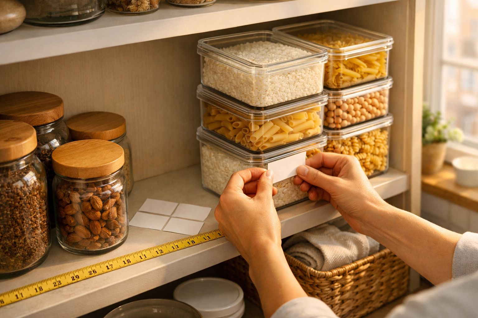 Mãos colocam etiqueta em recipiente transparente com massa; prateleira organizada com frascos de alimentos secos.