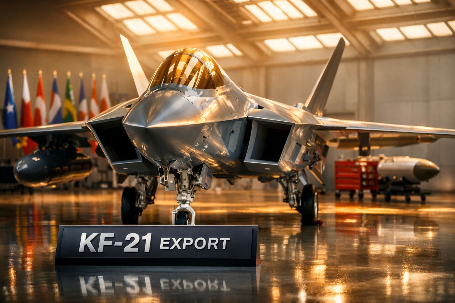 Caça KF-21 em exposição num hangar, com bandeiras de vários países ao fundo.