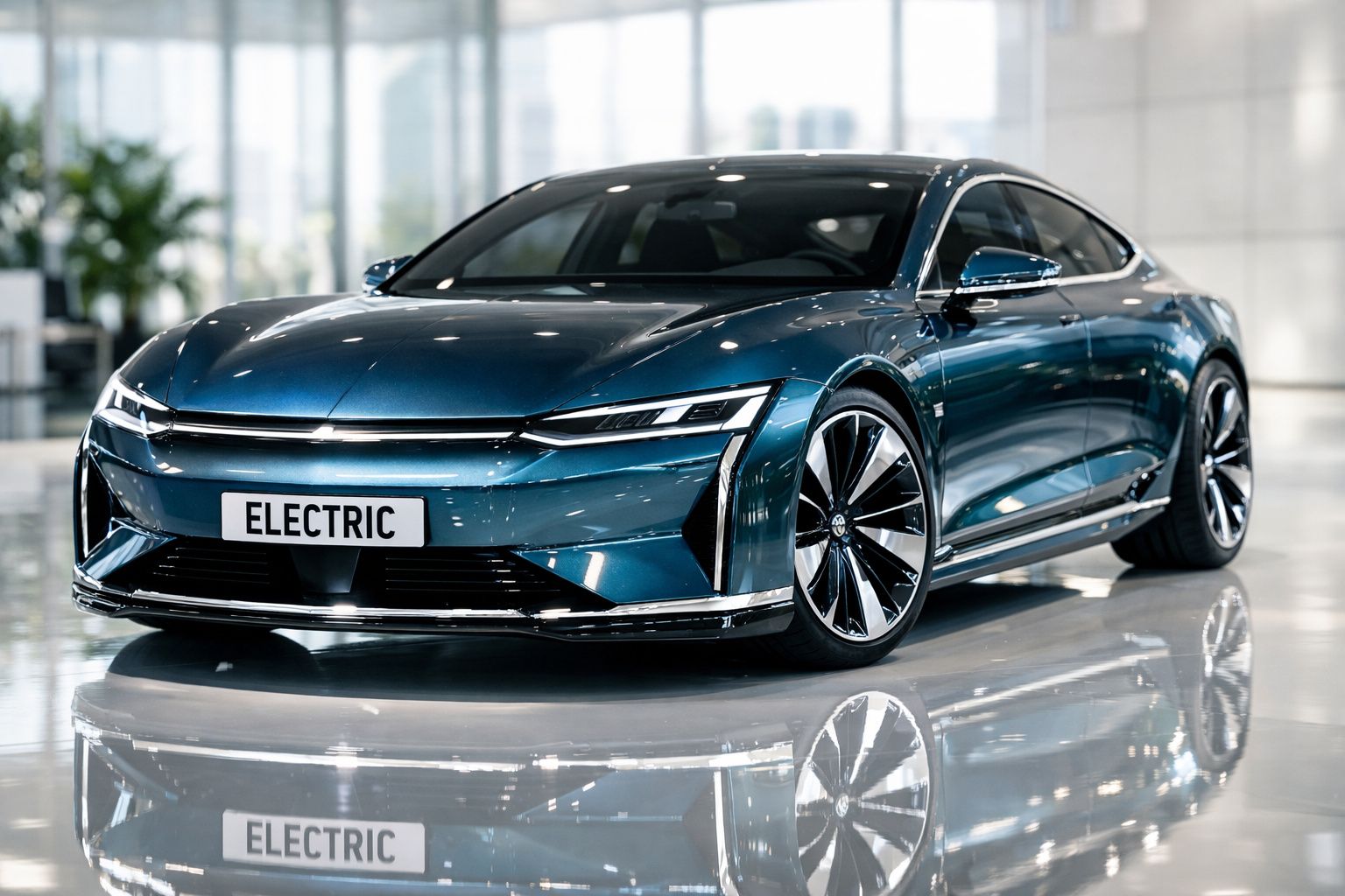 Carro desportivo verde metalizado em exposição, ao lado de um carregador elétrico, no interior de um salão iluminado.