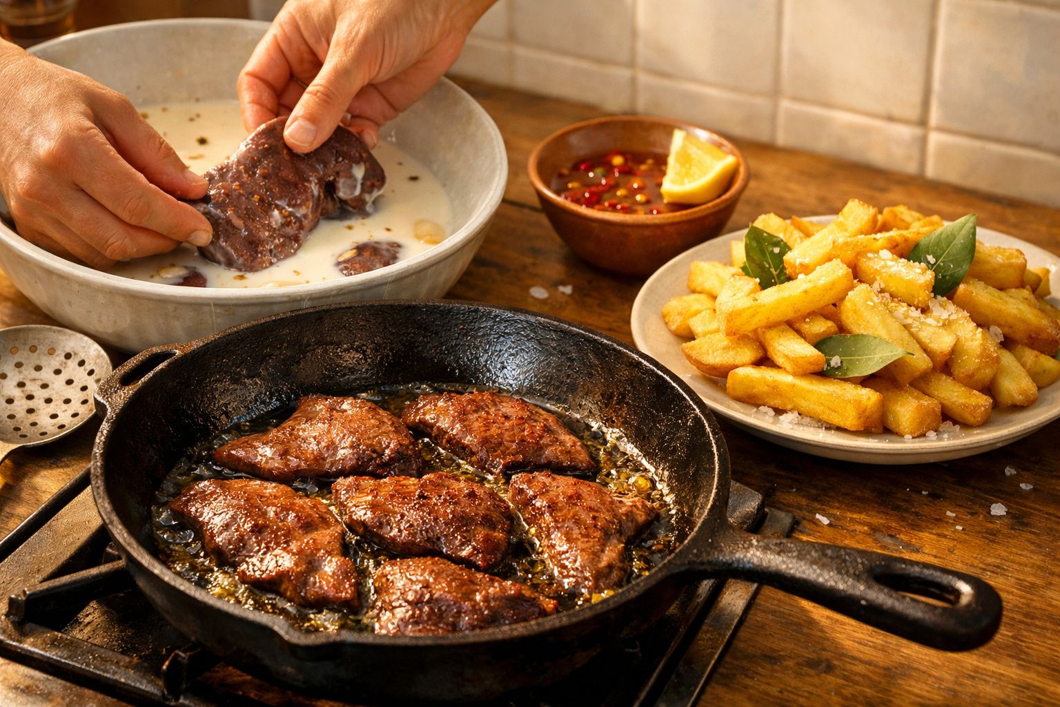 Mãos preparando ingrediente em cozinha, com frigideira, pratos de batatas fritas e molho ao lado.