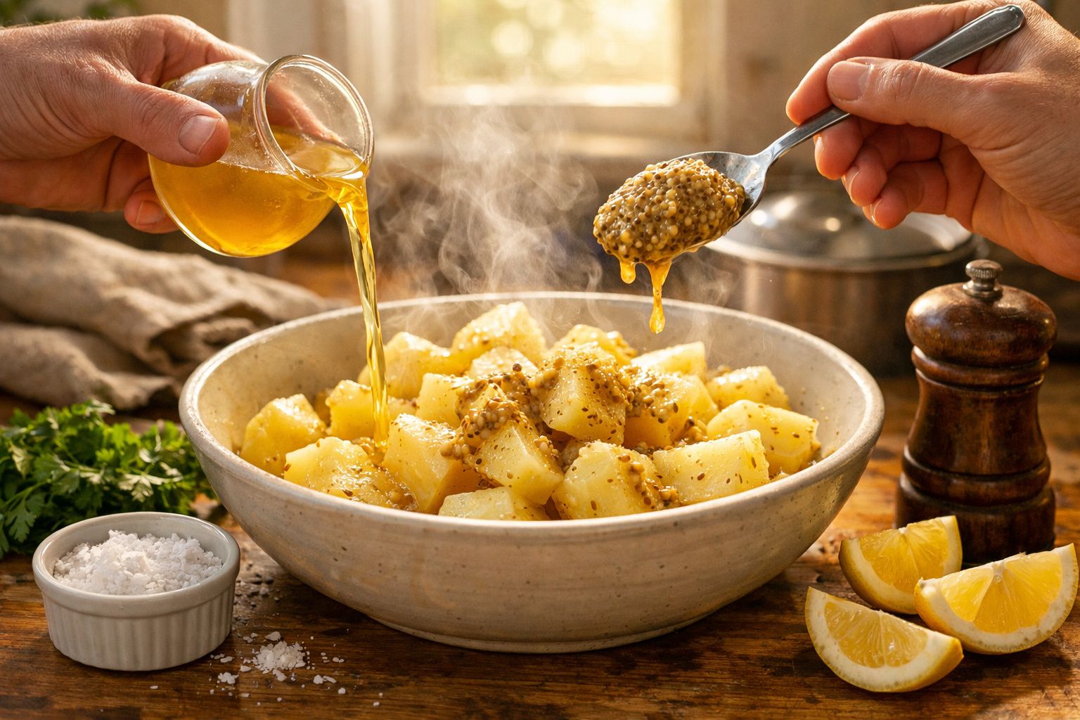 Mãos adicionando mostarda e molho a batatas cozidas num prato branco, rodeado por sal, pimenta e limão.