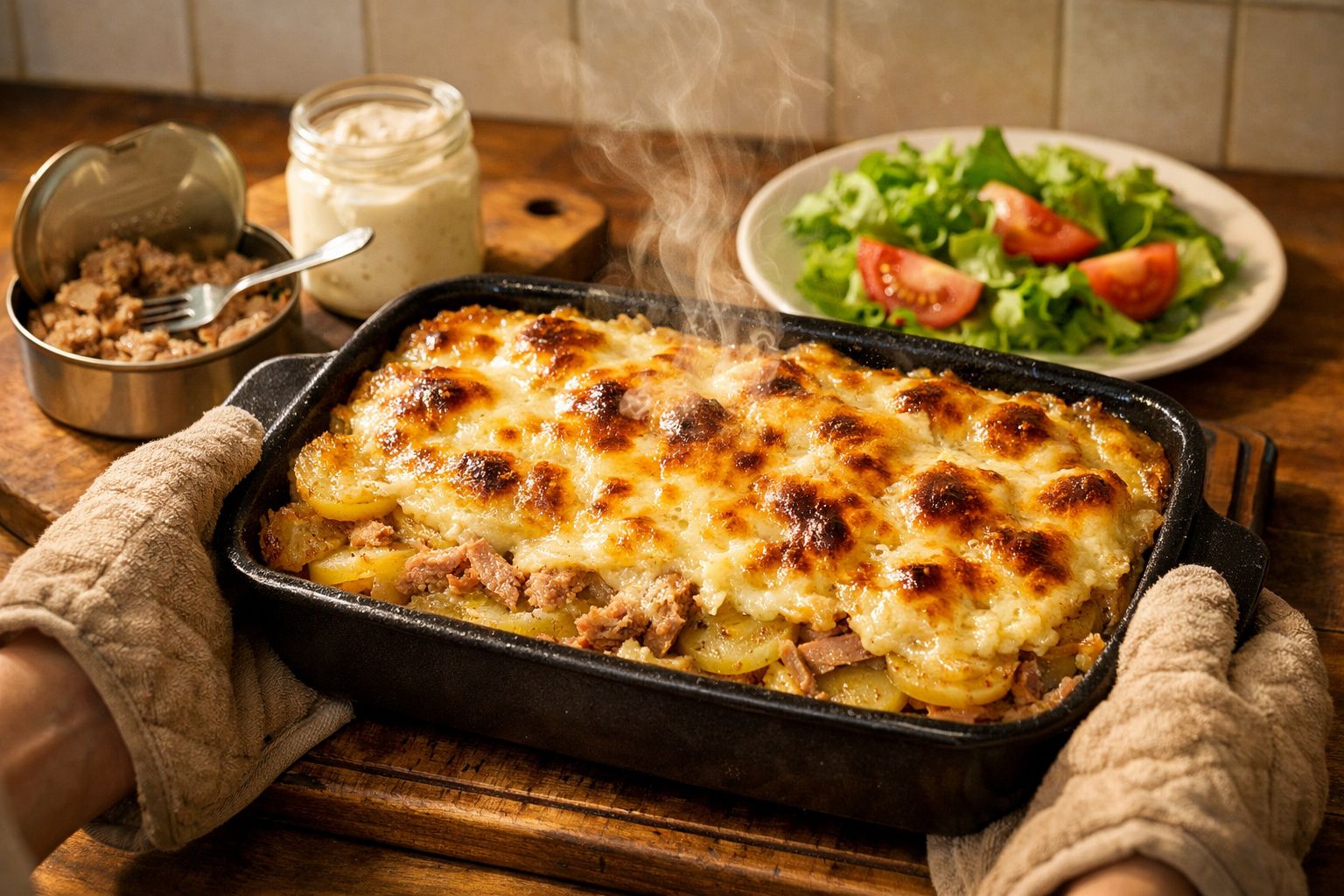 Prato de bacalhau gratinado, com queijo derretido, sendo servido de uma travessa de vidro numa mesa de madeira.