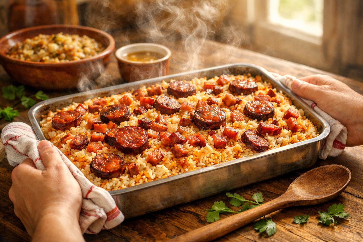 Prato de arroz de forno com chouriço e pedaços de carne, servido em travessa de barro, com vapor saindo.