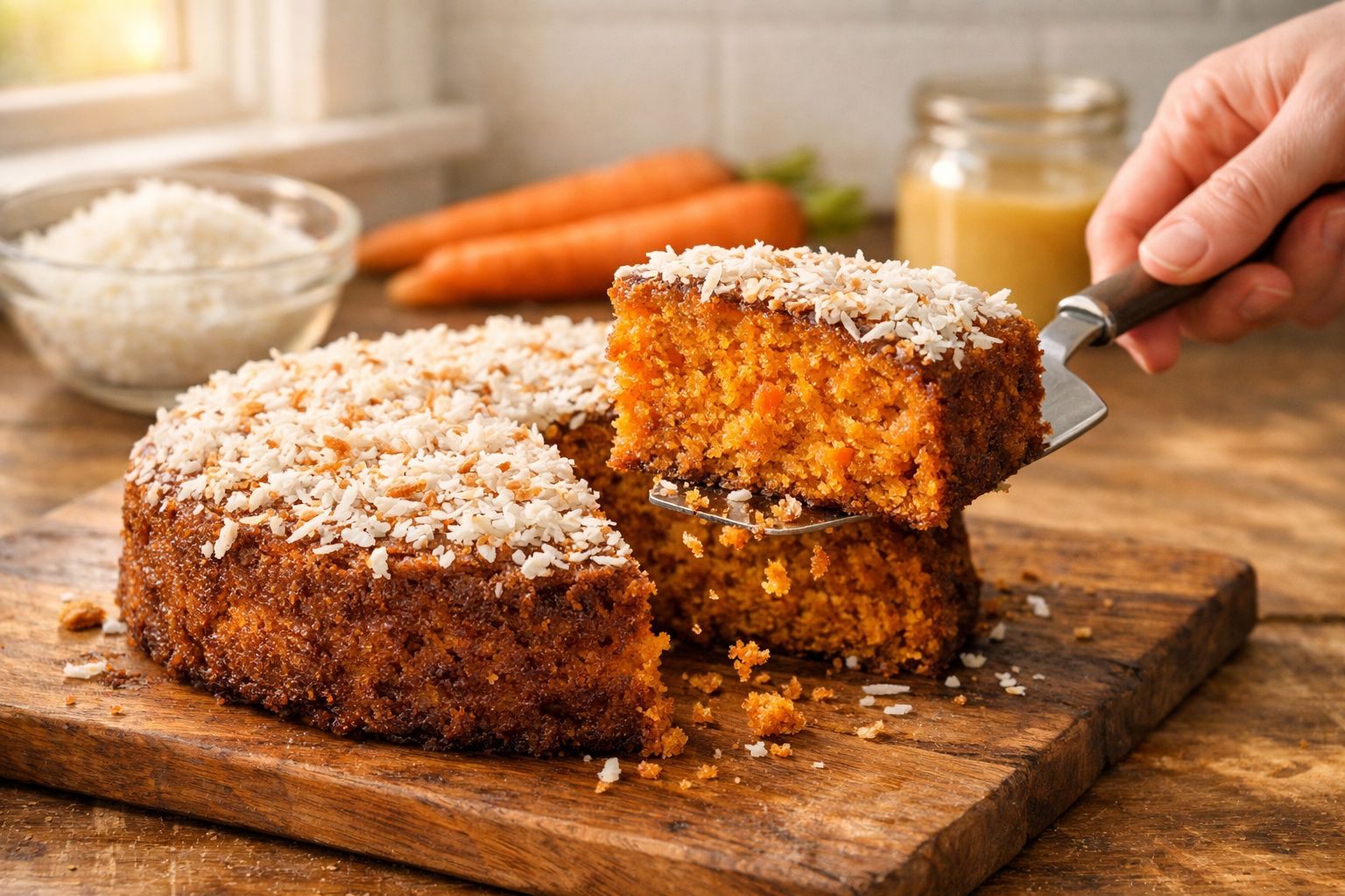 Bolo de cenoura com cobertura de coco, sendo regado com calda, num tabuleiro de madeira.