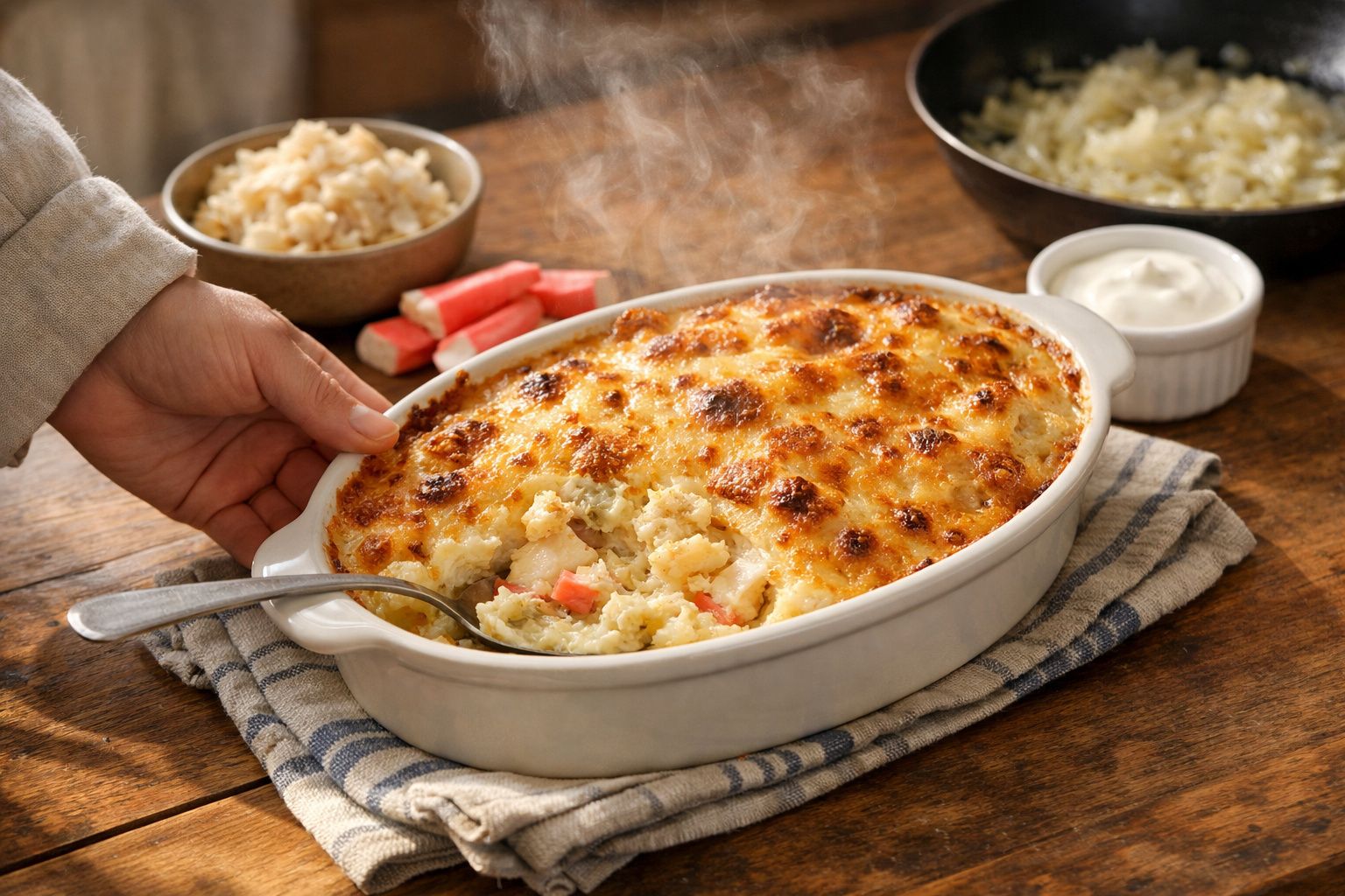 Gratinado com queijo derretido e vegetais, servido numa travessa.