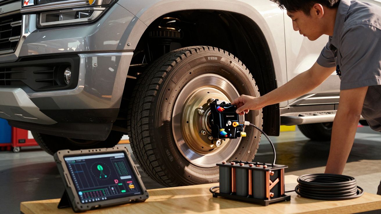 Técnico ajusta dispositivo num pneu de carro com um ecrã de tablet mostrando dados ao lado.