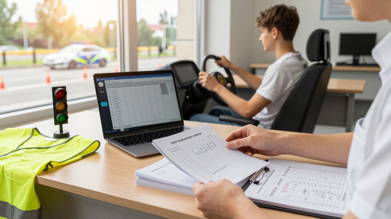 Pessoa observa documentos numa mesa com portátil, vestuário de alta visibilidade e semáforo; jovem pratica condução.