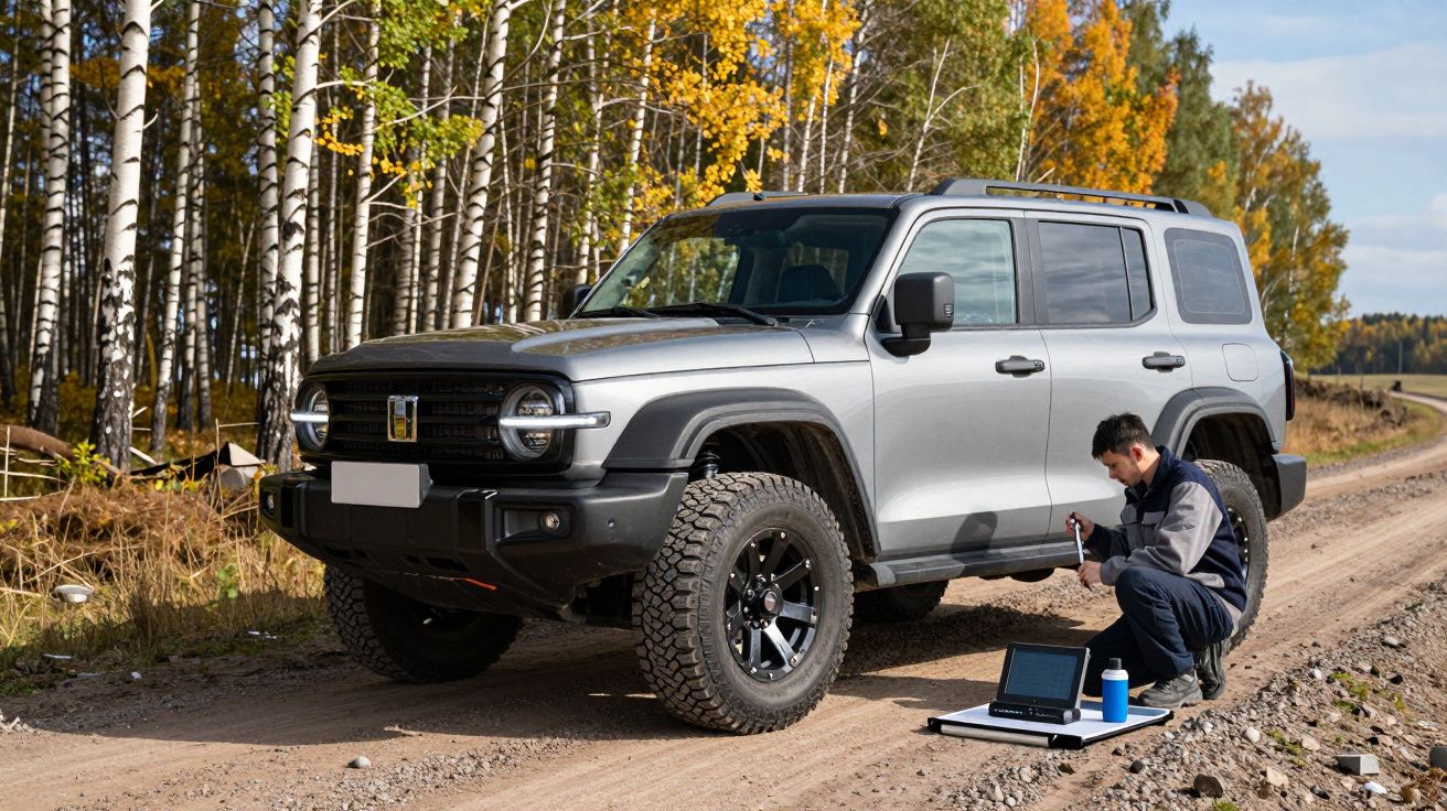 Homem inspeciona carro SUV cinzento estacionado em estrada rural com floresta ao fundo.