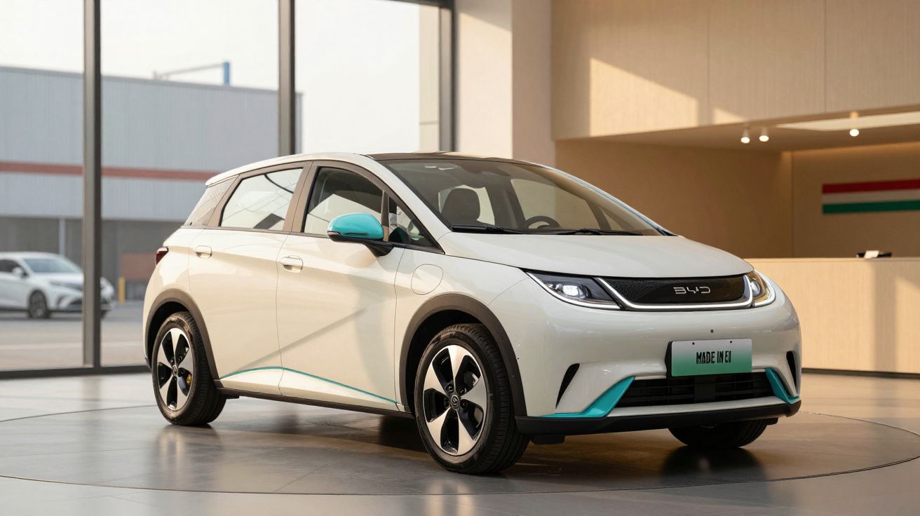 Carro elétrico branco em showroom moderno, refletindo luz natural.