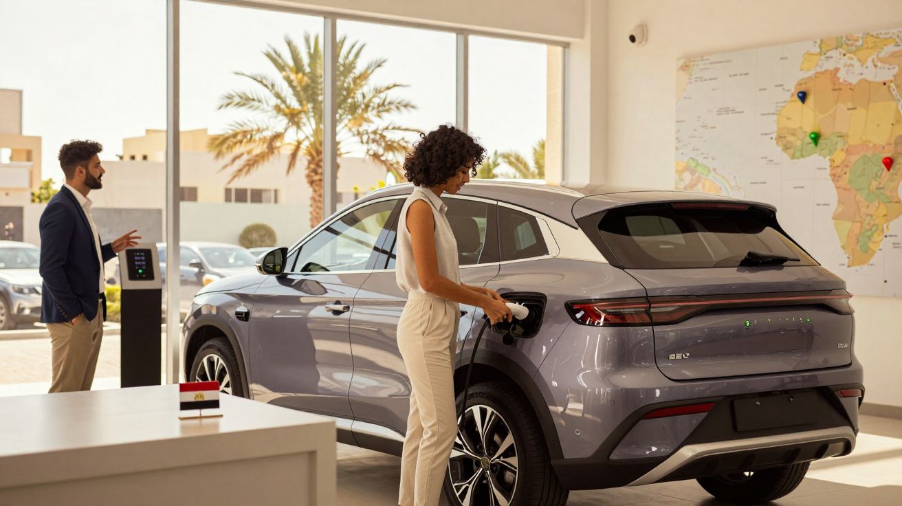Mulher a carregar um carro elétrico cinza num showroom iluminado, com homem em pé ao lado.