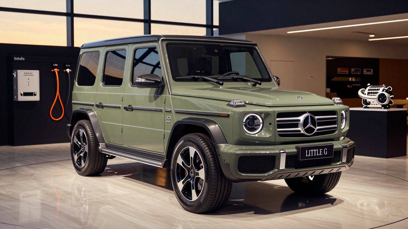 SUV verde Mercedes-Benz G-Wagon num salão automóvel moderno, com luz natural entrando pelas janelas.