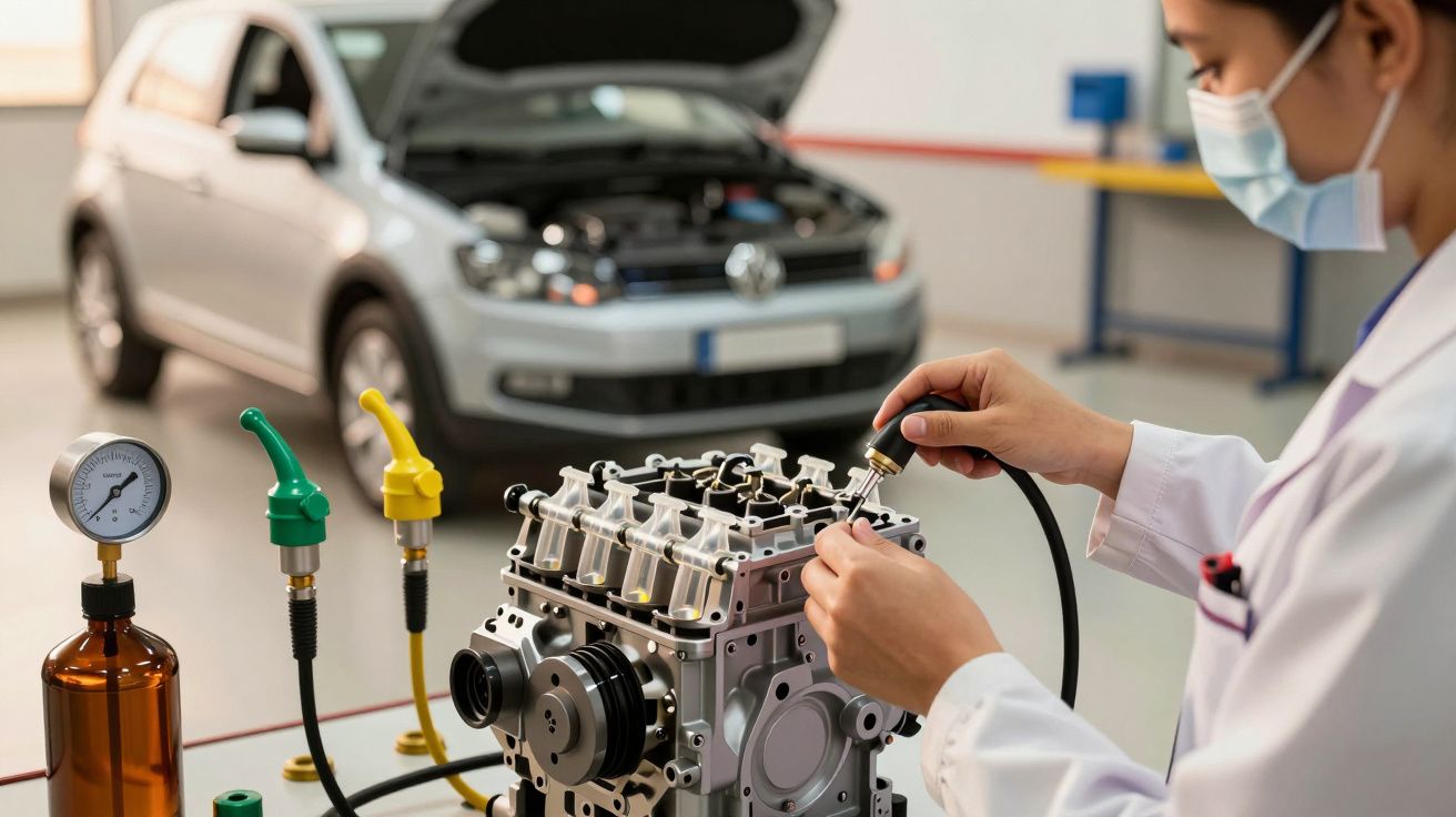 Mecânico com máscara trabalha em motor com carro prateado ao fundo e capô aberto.