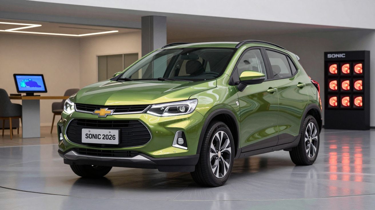 SUV verde da Chevrolet em exposição num salão, com placa "SONIC 2026".
