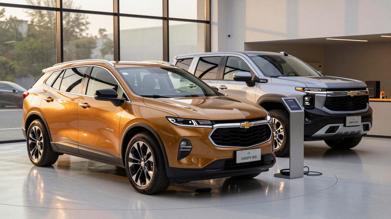 Dois SUVs Chevrolet expostos num showroom moderno, um dourado e um prata, lado a lado.