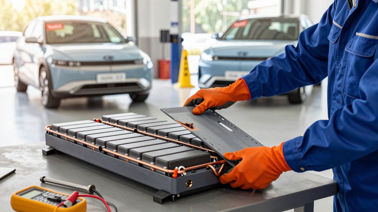 Técnico com luvas laranja manuseando bateria de carro elétrico numa oficina, com dois carros ao fundo.