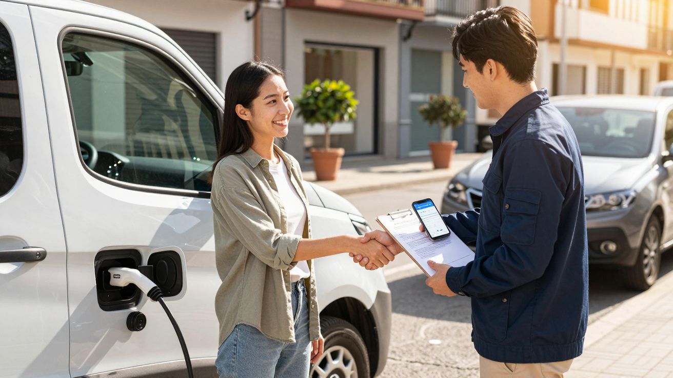 Mulher aperta a mão de um homem ao lado de uma carrinha branca elétrica estacionada numa rua ensolarada.