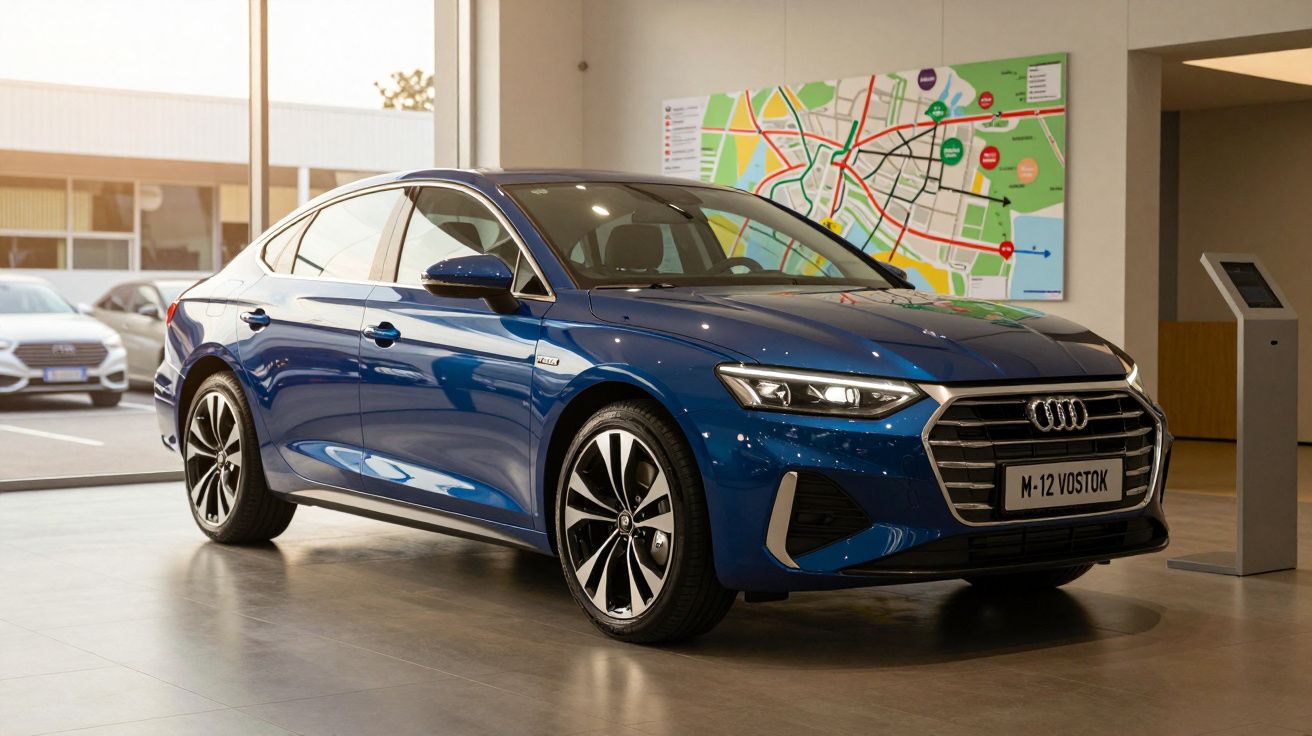 Carro azul no showroom com design moderno e mapa na parede ao fundo.