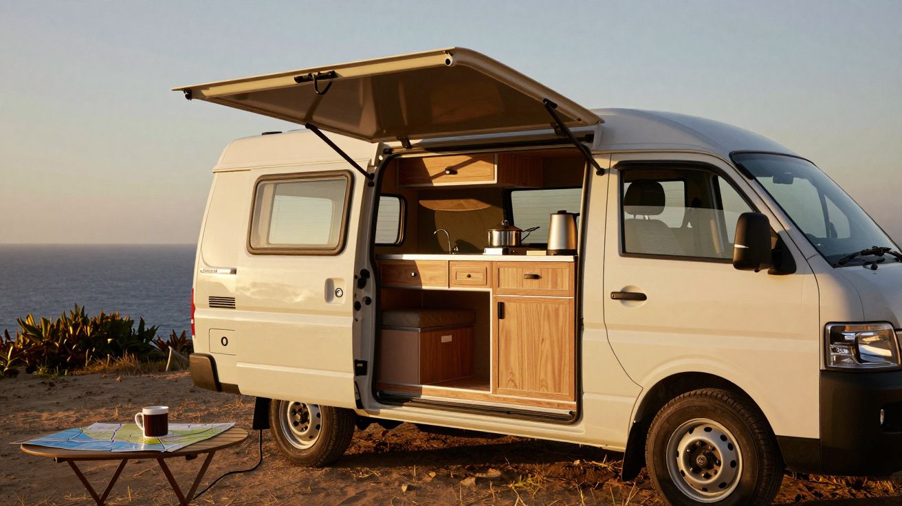 Carrinha convertida em caravana com porta traseira aberta, mostrando interior com cozinha e mesa ao lado, à beira-mar.