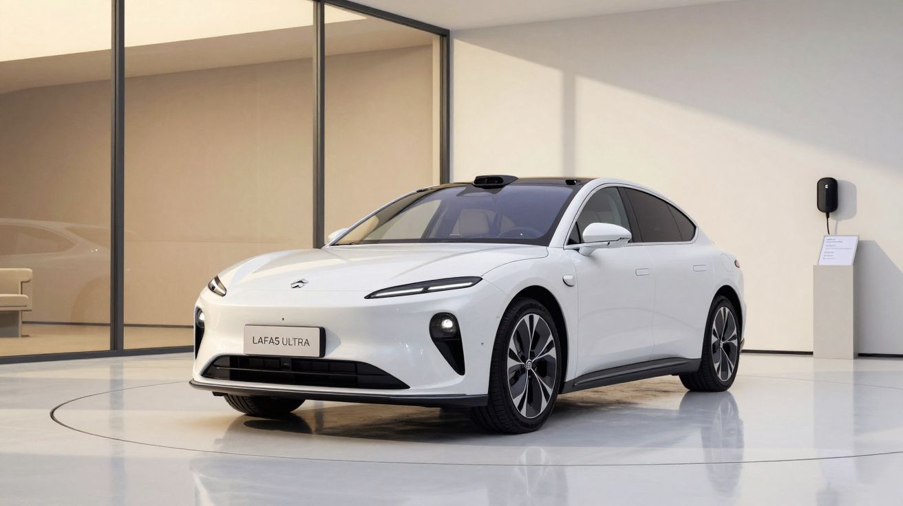 Carro elétrico branco estacionado em espaço moderno e minimalista, com paredes de vidro e carregador na parede.