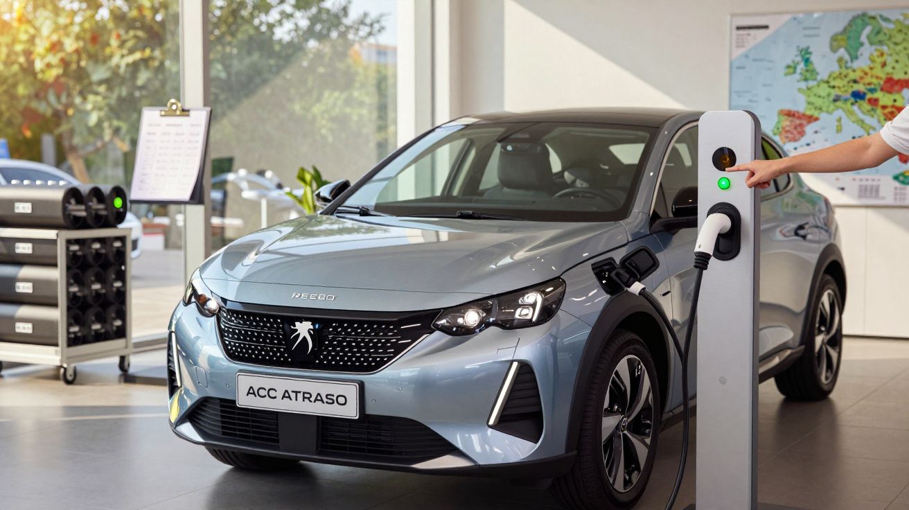 Carro elétrico Peugeot prateado ligado a carregador em showroom iluminado, com mapa na parede ao fundo.