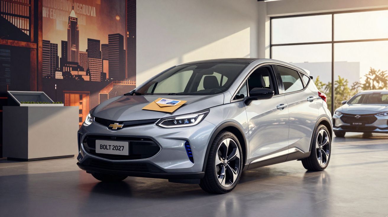 Carro elétrico prateado Chevrolet Bolt 2027 num showroom iluminado pelo sol, com detalhe de cidade no fundo.