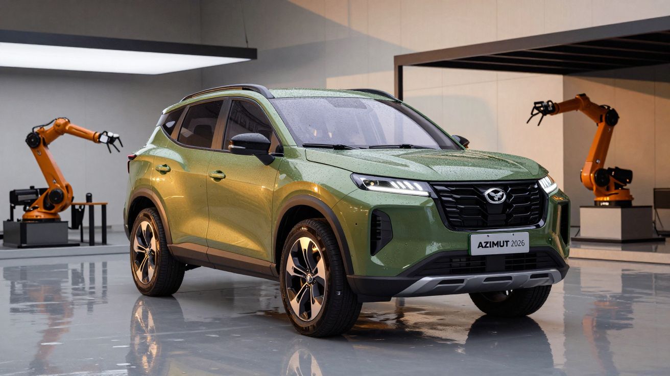 SUV verde em showroom moderno, rodeado por braços robóticos laranja, com placa frontal indicando "Azimut 2026".