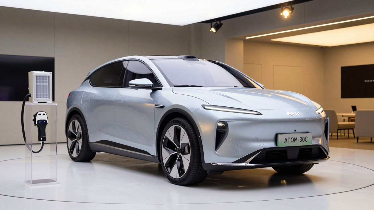 Carro elétrico prateado em exposição num estúdio, ao lado de uma estação de carregamento.