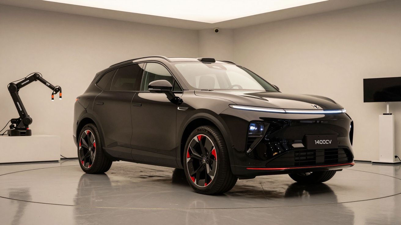 SUV preto elétrico em exposição, com um design moderno, num showroom iluminado; à esquerda, um robô industrial.