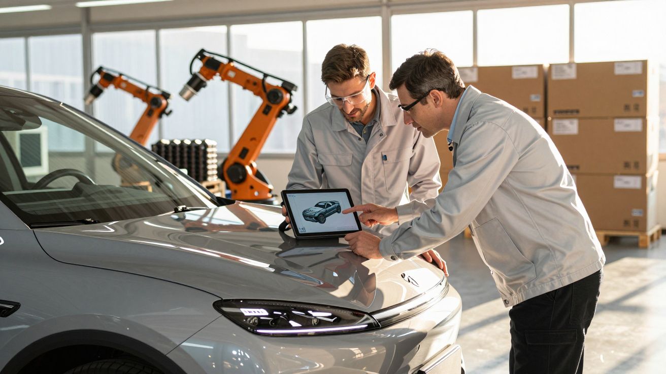 Dois homens analisam o design de um carro num tablet numa oficina com robôs ao fundo.