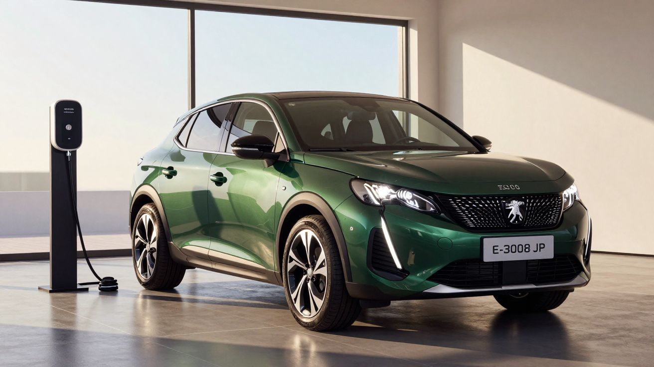 Carro verde elétrico Peugeot junto a um carregador numa sala iluminada pelo sol.