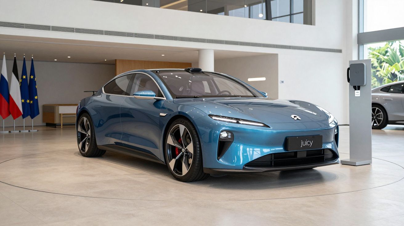 Carro azul elétrico moderno em showroom com bandeiras ao fundo e carregador à direita.