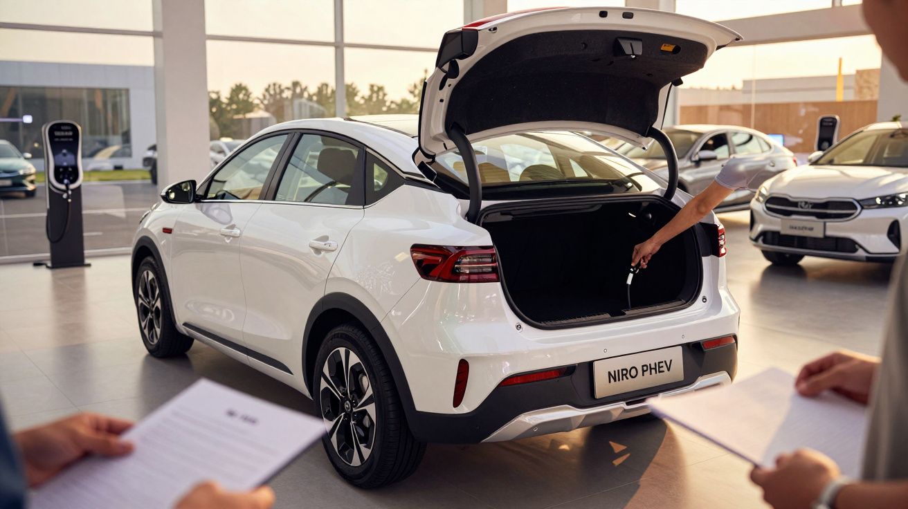 Carro branco Niro PHEV com mala aberta numa sala de exposição, pessoas a segurar folhas de papel.