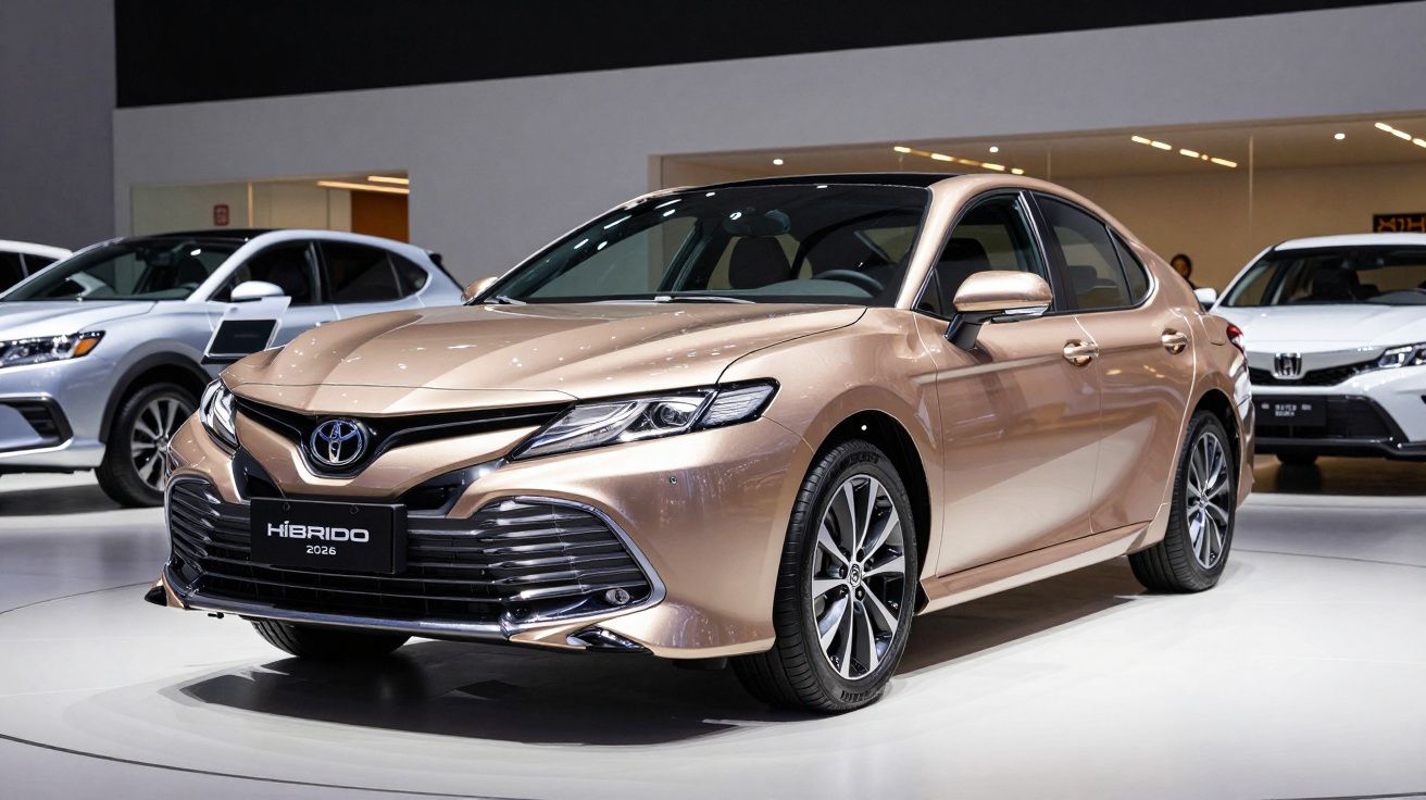 Carro híbrido dourado em exibição num salão automóvel, com design elegante e moderno.