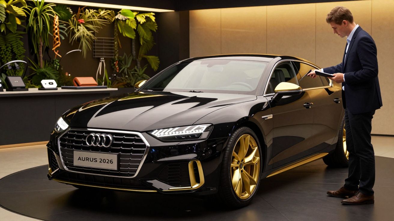 Homem em pé ao lado de um Audi preto e dourado, num showroom moderno com plantas verdes ao fundo.